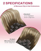 Moresoo Seamless Clip in Hair Extensions Human Hair Balayage Remy Straight PU Weft Human Hair Clip in Extensions Full Head Ombre Brown to Light Brown with Golden Blonde 7pcs/120g 22inch