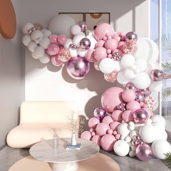 Pink White Balloons Garland Arch Kit 104 PCS Metallic Pink Gold Confetti Latex - Image 5