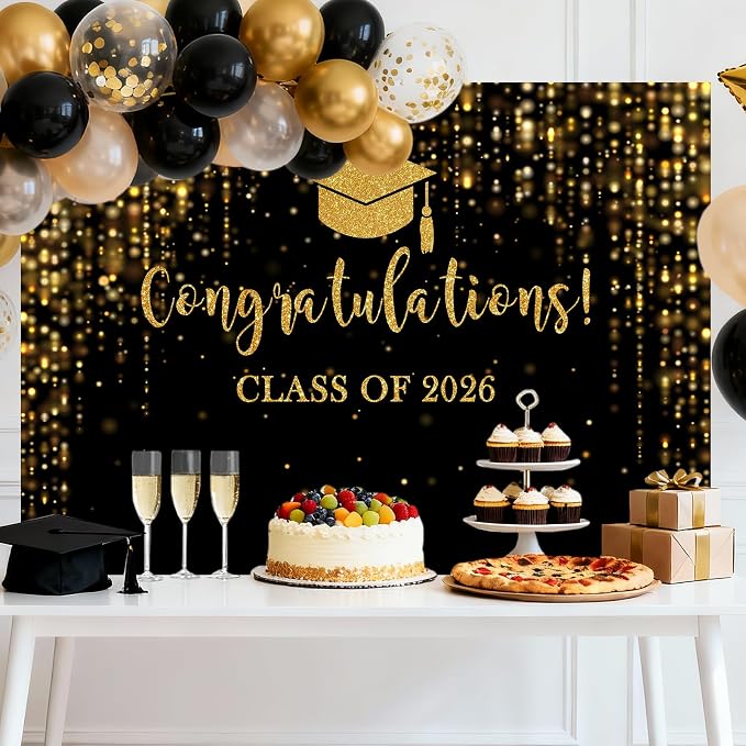Mocsicka Class of 2026 Backdrop Black Gold Glitter Bokeh Graduation Party - Image 2