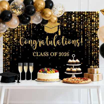 Mocsicka Class of 2026 Backdrop Black Gold Glitter Bokeh Graduation Party - Image 2