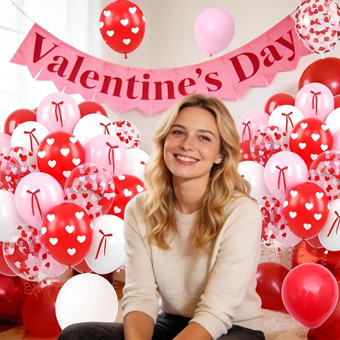 60 Pcs Pink and Red Balloons, 12 Inch Red Heart Printed Latex Balloon, Pastel - Image 7