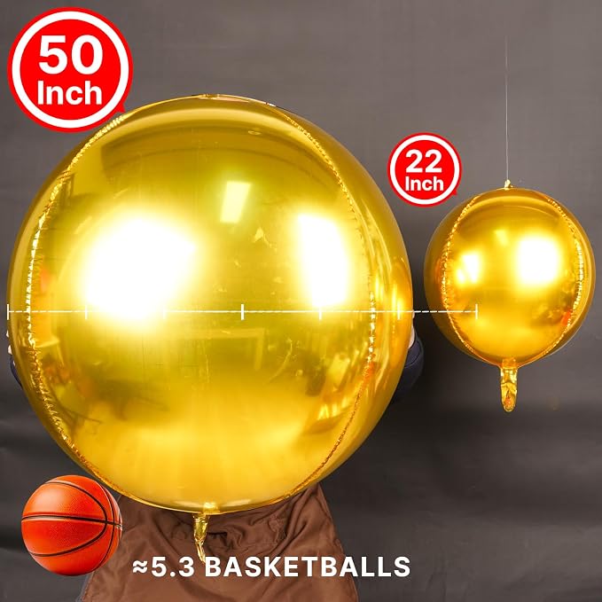 PartyWoo Metallic Gold Large Round Giant 4D Foil Balloons 3pcs 50 Inch | 50 Inch - Image 2
