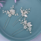 Bridal Hair Accessories, Beusoulover 3 Pieces Silver Hair Pins for Women Wedding, Bridesmaid, Flower Girl, U Shaped Bridal Flower Rhinestone Pearl Hair Pins Hair Vine Hair Piece (Silver)