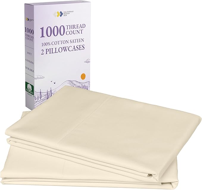 California Design Den Pillow Cases King Size Set of 2-1000 Thread Count Sateen, Soft & Thick 100% Cotton King Size Pillows Cases, Durable - Ivory (Creamy Beige Tone)