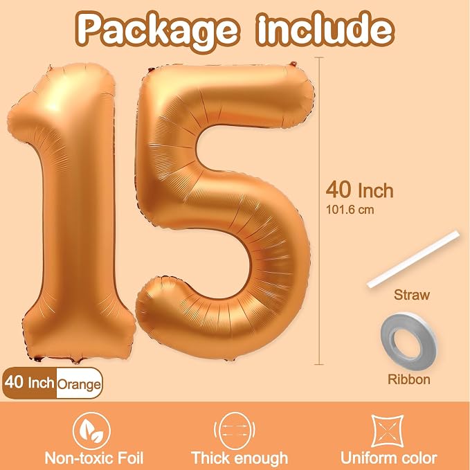 15 Balloon Number, 40 Inch Orange Foil Balloons Giant Jumbo Helium Number 15 or - Image 2