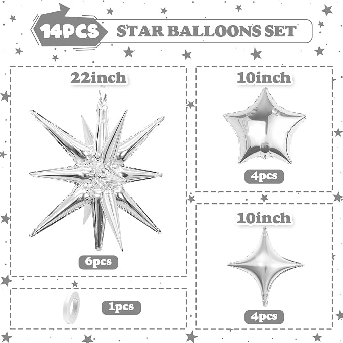 14pcs Silver Star Balloons, Mixed Star Foil Balloon, 22Inch Explosion Stars - Image 2