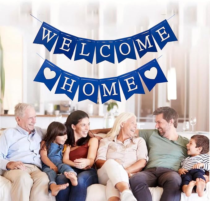 Welcome Home Banner Decorations Glitter Blue Bunting Backdrop - Image 3