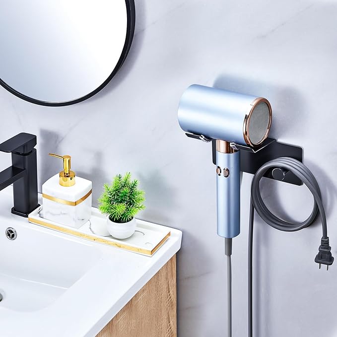 Hair Dryer Holder Wall Mount, Blow Dryer Holder for Wall, Adhesive Hairdryer Holders, Stainless Steel Blowdryer Holders Bathroom Hair Tool Organizer Hair Dryer Hanger Hook with Cord Storage (Black)