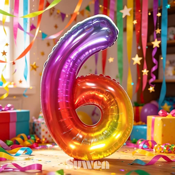 SUWEN Rainbow Number 6 Balloon 40 Inch, Big Colorful Balloons 0-9 | Large - Image 3