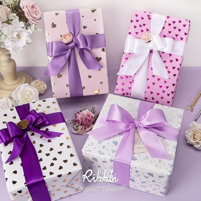 Ribbli Purple Satin Ribbon 1-1/2 Inch x 4 Rolls Total 40 Yards-White Lavender - Image 2