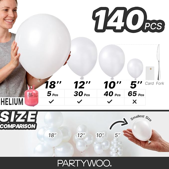 PartyWoo Pearl White Balloons 140pcs Metallic White Color Different Sizes | 18 - Image 6