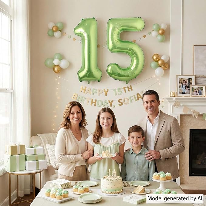 Light Green Number 15 Balloon 40 Inch, Shiny Foil Double Digit Party Decor | - Image 6