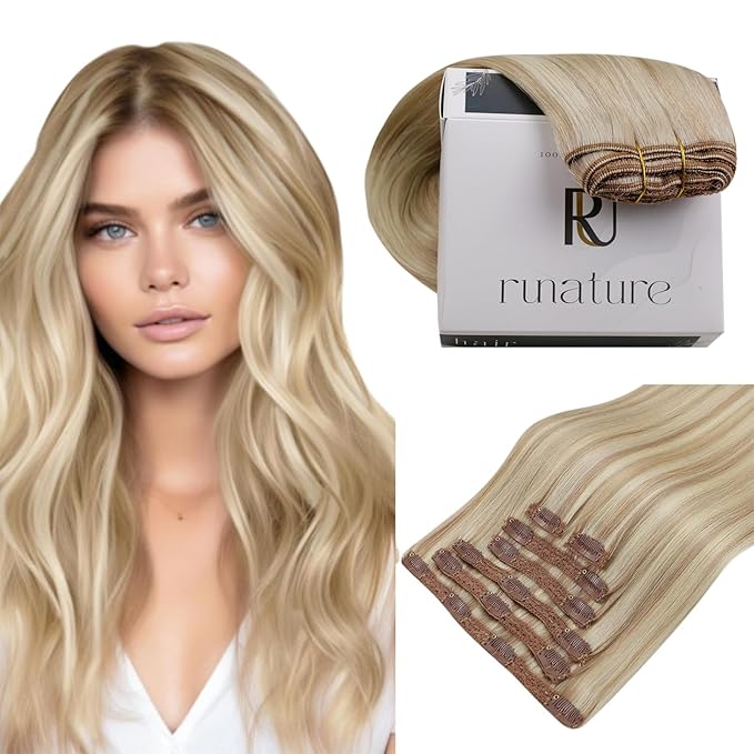 RUNATURE Blonde Human Hair Clip in Extensions, Short Clip in Hair Extensions Real Human Hair, Clip on Hair Extensions For Women, Remy Hair Tangle Free, 10 Inch 80g 7pcs #18P60 Ash Blonde Highlights