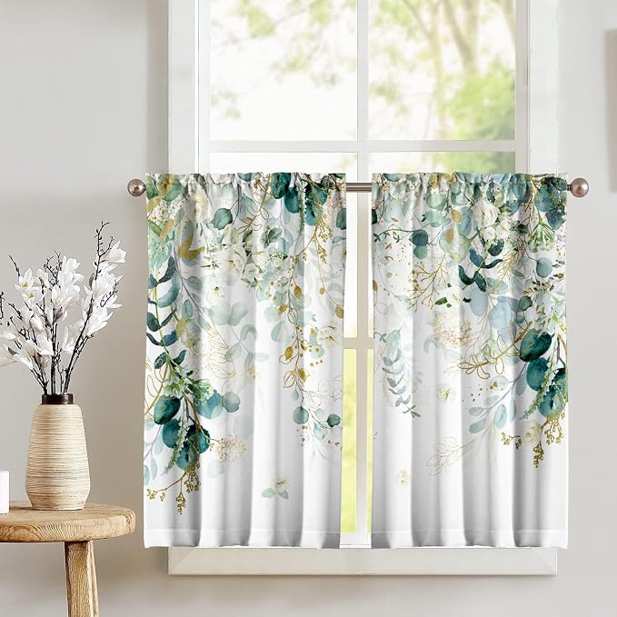 Green Eucalyptus Leaves Kitchen Curtains Elegant Wild Flower Curtains 39 Inches - Image 3