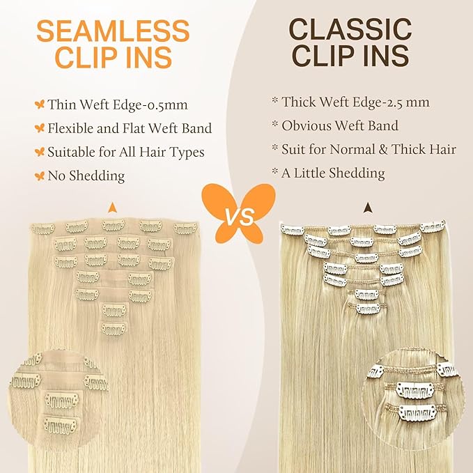 DOORES Seamless Clip-in Hair Extensions, Blonde 16 Inch 7pcs 110g, Remy Clip-in Extensions with Thin Weft Straight Remy, Thick Hair, Invisi Edge