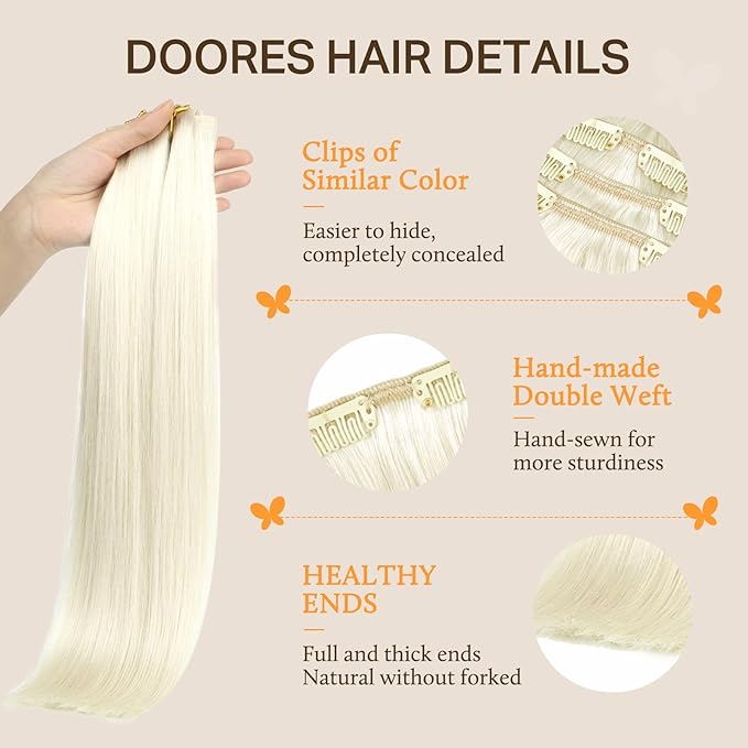 DOORES Human Hair Extensions, Light Blonde Clip in Hair Extensions 20 Inch 120g 7pcs, Natural Thick Weft for Women Straight Weft Gift
