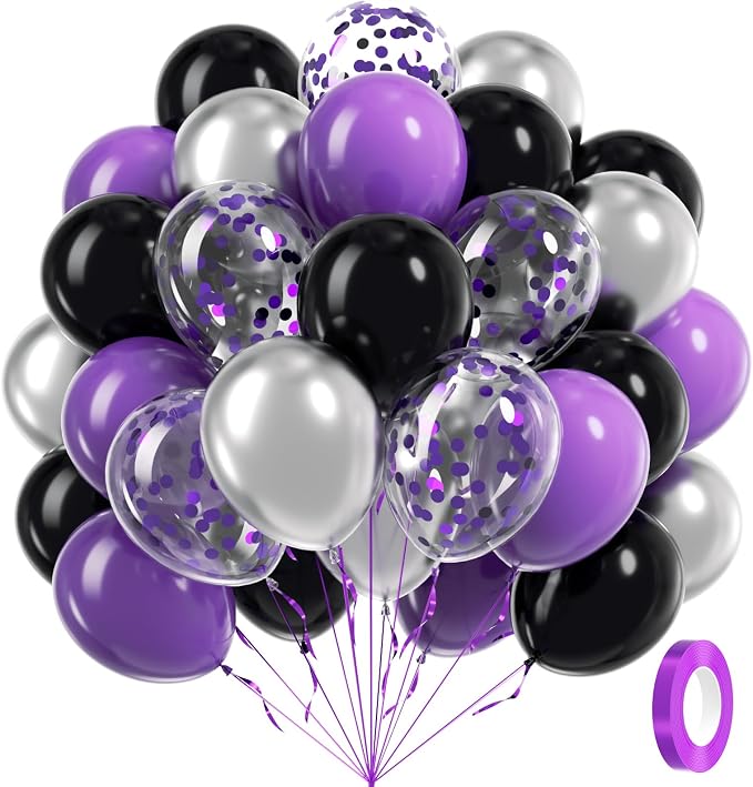 60pcs Purple and Black Balloons 12inch by Awenztech