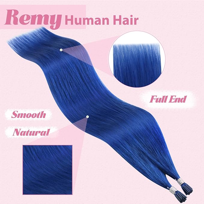 YoungSee I Tip Hair Extensions Human Hair Blue Itip Hair Extensions Real Human Hair Colored 14 Inch I-Tip Extension Pre Bonded Hair-Extensions I Tip Softness for DIY 40s 25g