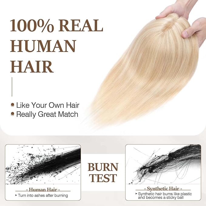 Rich Choices Hair Toppers for Women Real Human Hair 100% Human Remy Toppers NO Bangs with Thinning on Top Clip in Hairpiece 4"x4.7"Lace Base 14 Inch #18P613 Ash Blonde Highlights Bleach Blonde