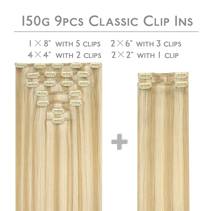WENNALIFE Clip in Hair Extensions, 150g 20 Inch 9pcs Light Blonde Highlighted Golden Blonde Remy Hair Thicker Double Weft Extensiones De Cabello Humano Con Clip Ins Straight Full Volume
