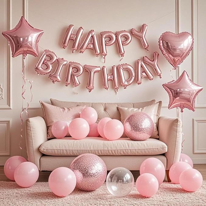 27 Pcs Pink Birthday Decorations, 3D Foil Pink Happy Birthday Balloon Banner - Image 2