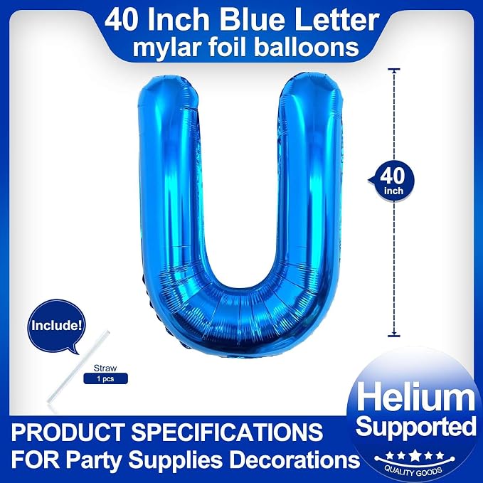 40 Inch Blue Letter U Balloons, DIY Phrase Foil Alphabet Letter U Balloons DIY - Image 2
