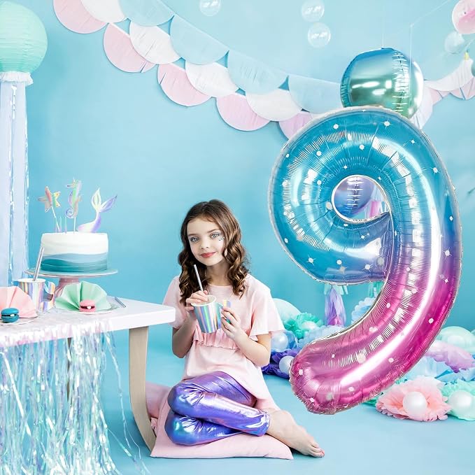 Mermaid Starry Number 9 Balloons, 40 Inch Large Purple Blue Pink Foil Number - Image 4