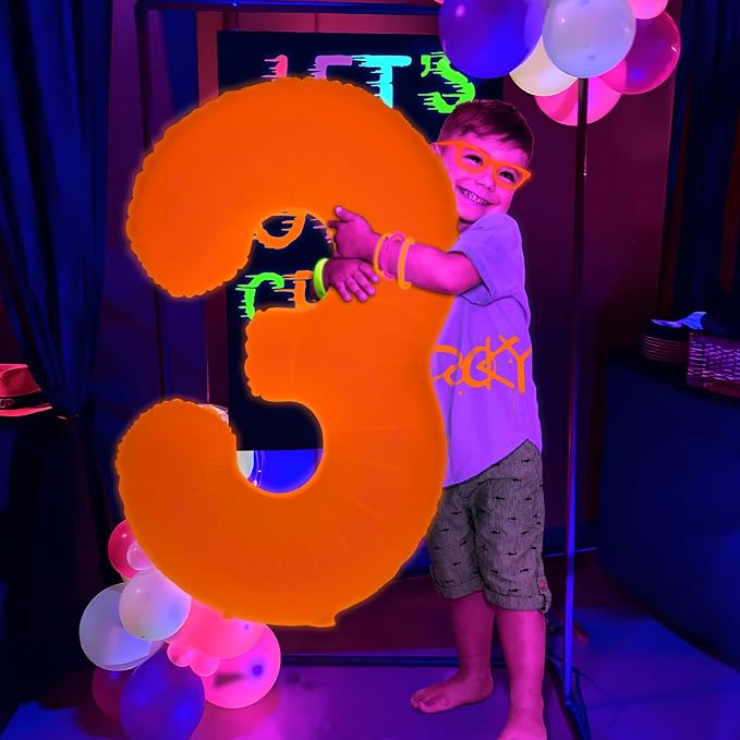 Mega-L Glow in The Dark Party Supplies, 40 Inch Orange Number 3 Balloon | Glow - Image 2