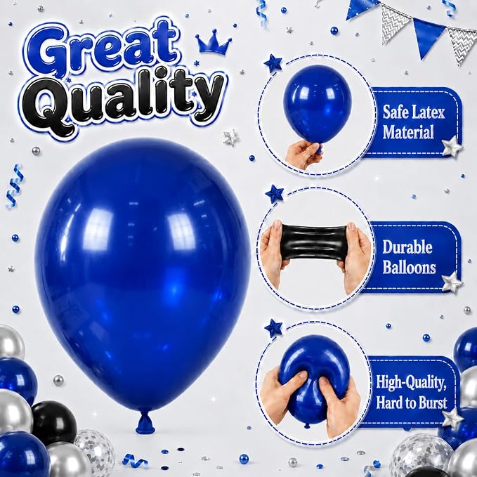 Blue Black Balloons for Birthday Party Decor | 12 Inch Royal Blue Black Silver - Image 3