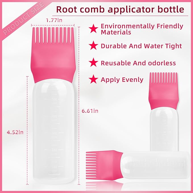 BLAAROOM Root Comb Applicator Bottle 6 Ounce, 2 Pack Hair Oil Applicator with Root Comb Brush - Dark Pink
