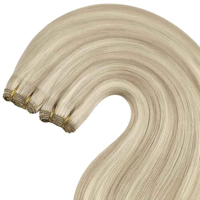 YoungSee 100G Sew in Hair Extensions Real Human Hair Blonde Highlight Weft Hair Extensions Warm Ash Blonde Highlights Bleach Blonde Human Hair Weft Extension for Short Hair 14Inch