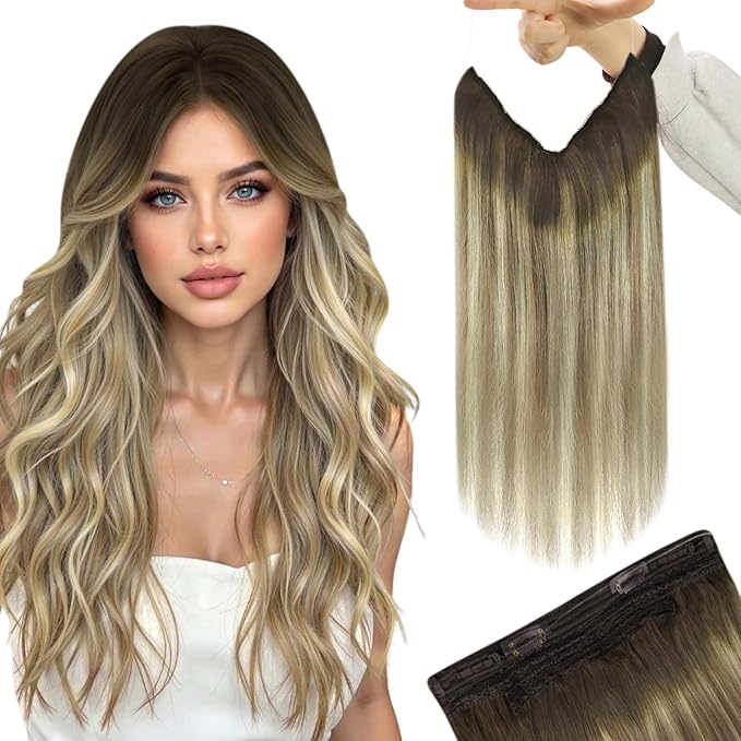 YoungSee 130G Invisible Wire Hair Extensions Light Brown Wire Hair Extensions Real Human Hair Ombre Walnut Brown to Light Brown Blonde Human Hair Fish Line Long Straight Hair 22inch