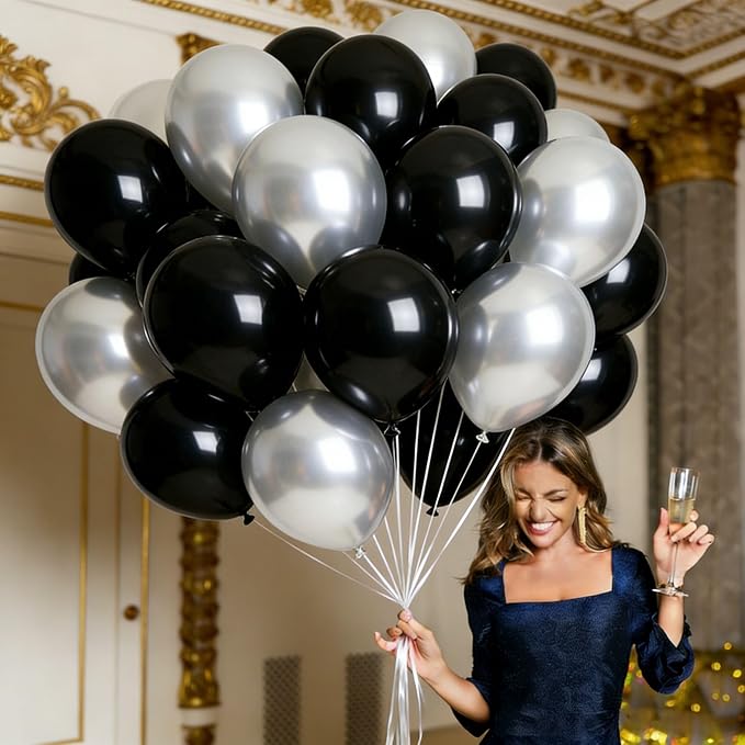 Black Silver Balloons 60Pcs 12 Inch Latex Balloon Set - Image 7