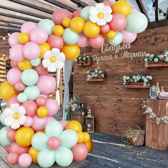 Daisy Balloon Garland Arch Kit, Retro Yellow Pink Green Hippie Boho Balloons - Image 6