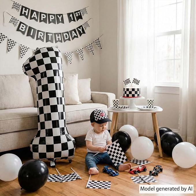 40 Inch Checkered Number 1 Balloon, Large Foil Black and White Number Balloons - Image 3