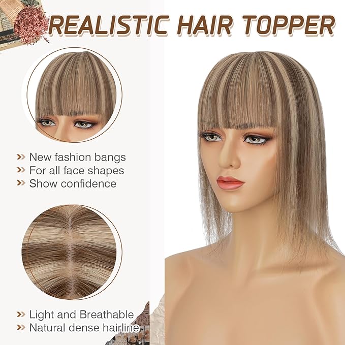 Rich Choices Hair Toppers for Women Real Human Hairs With Bang 100% Remy Human Topper for Thinning Hair Clip in Silk Base Topper 12 Inch #4P27 Medium Brown Mix Dark Blonde