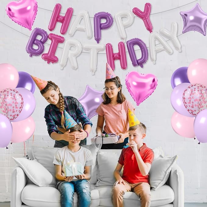 29PC Pink Purple Happy Birthday Balloon Banner, 16 Inch Foil Letters Letter - Image 7