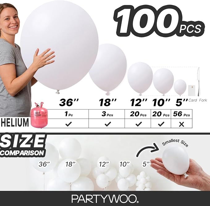 PartyWoo White Balloons 100pcs Different Sizes of 36 18 12 10 5 Inch | 36 18 12 - Image 7