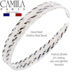 Camila Paris CP3468 French Headband for Women, Handmade White and Gray, Strong Hold Grip Women's Hair Band, Ligth and Very Flexible, No Slip and Durable Styling Girls Hair Accessories, Made in France