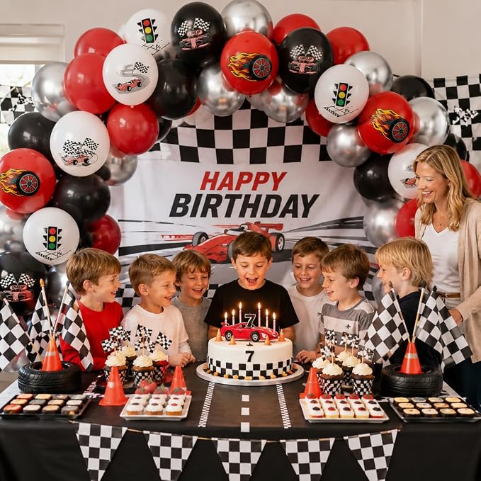 Race Car Balloons, 12 Inch Racing Car Latex Balloon | Red Black White Print - Image 4