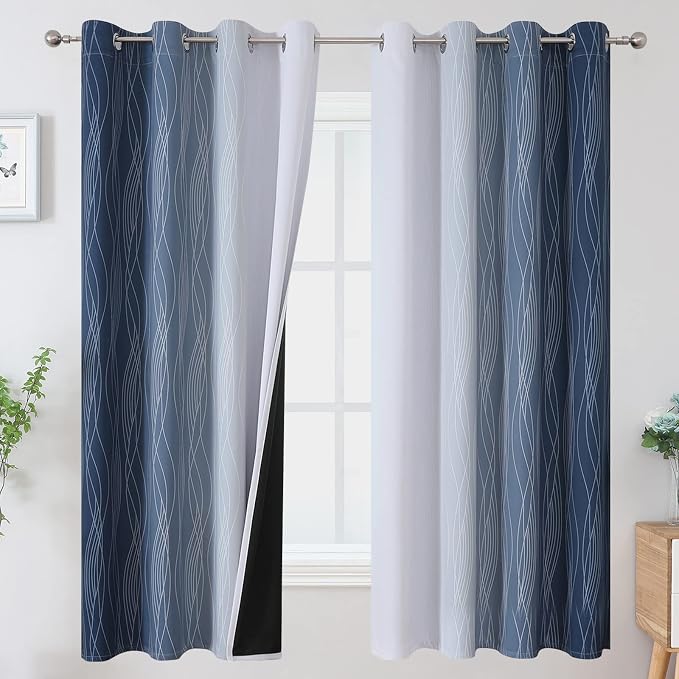 Full Room Darkening Greyish White and Navy Blue Blackout Curtains 63 Inch by ESTELARTEXTILER