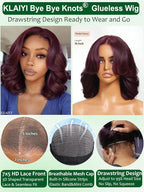 KLAIYI Black Cherry Bob Loose Body Wave Precut 7x5 HD Lace Front Wigs Human Hair Glueless Bye Bye Knots Drawstring Red Burgundy Wig with Curtian Bang Pre Plucked Bleached Ready to Put On And Go 12Inch