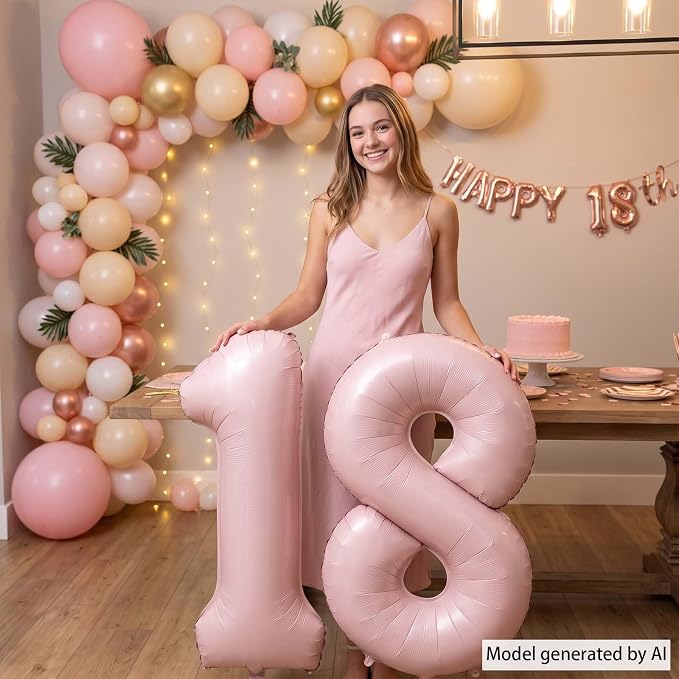Baby Pink Number 18 Balloon 40 Inch, Matte Blush Foil Numeral Party Supplies | - Image 6