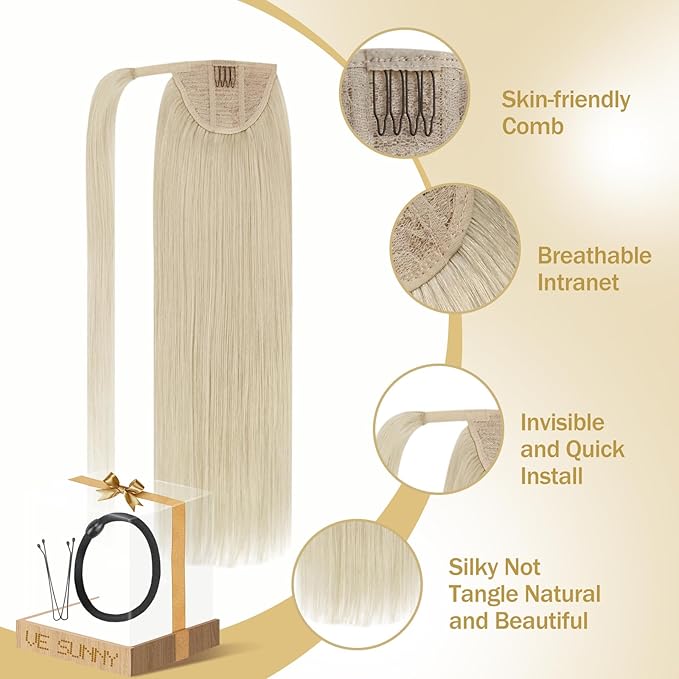 Ve Sunny Hair Extensions Ponytail Real Human Hair 80G Wrap Around Clip in Ponytail Hair Extensions Straight Extensions Human Hair for Women White Platinum Blonde 14inch