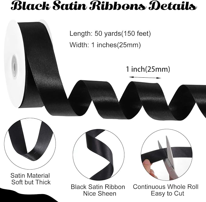 woric Black Satin Ribbon Ribbon 1 inch 50 Yards Black Hair Bows | Use - Image 2