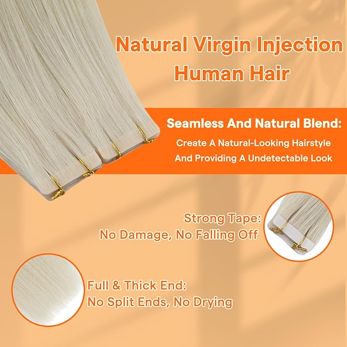 Full Shine Insert Virgin Tape in Hair Extensions 20Inch Color Ice Blonde Machine Remy Tape Hair Extensions Real Human Hair 25Grams Invisible Human Hair Tape In Extensions 10Pcs for Party