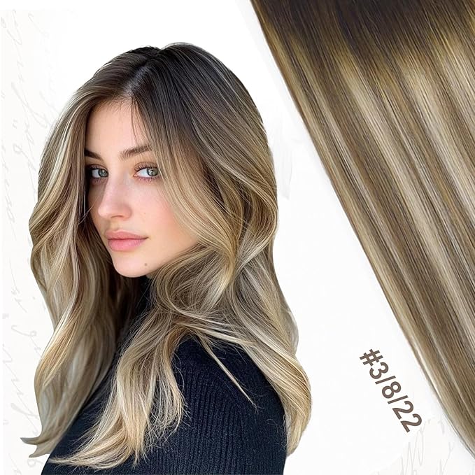 XDhair Clip in Hair Extensions Real Human Hair 120g 18 Inch Balayage Ombre Color 3 Walnut Brown to 8 Ash Brown and 22 Golden Blonde Double Weft Clip in Remy Hair Extensions(18, 3/8/22)