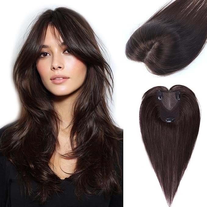 Hair Toppers for Women Real Human Hair Topper Upgrade Swiss Lace Middle Part Clip in Bangs Remy Human Hair Straight Hairpieces for Thinning Realistic Scalp 360° Cover Gray Hairy Roots Medium Brown