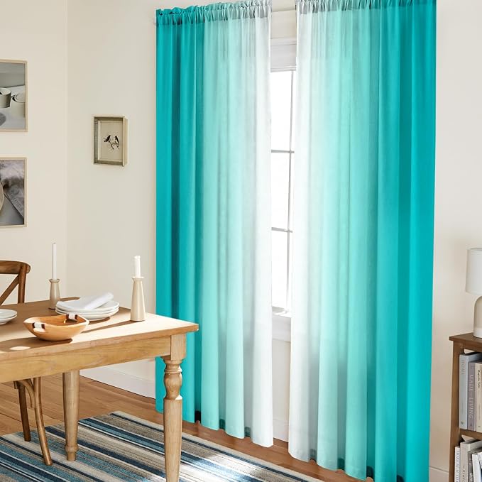 Turquoise Curtains for Living Room 84 Inch Length Teal Ombre Curtains 2 Panel - Image 3