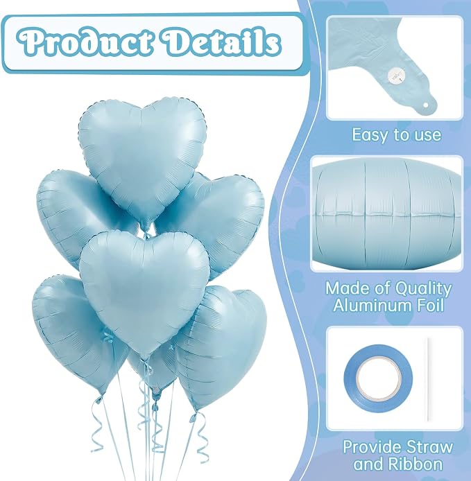12 Pcs Blue Heart Balloons, 18 Inch Heart Foil Balloons Love Balloon Valentine - Image 5